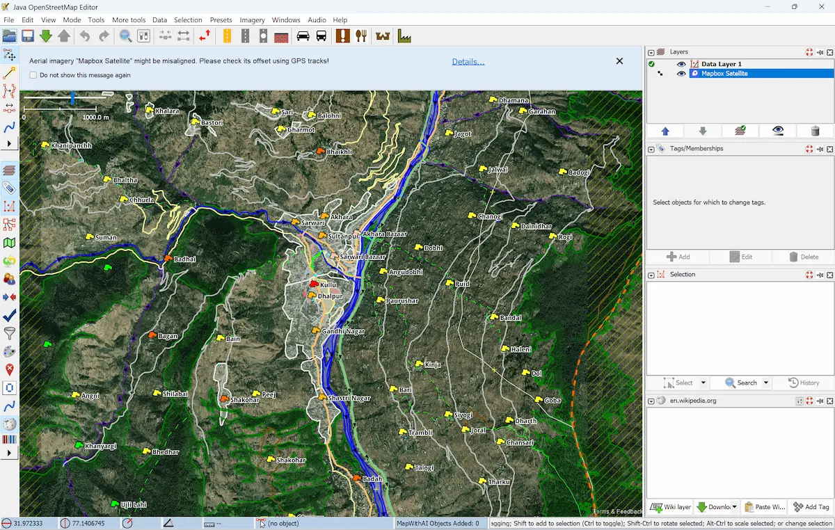 JOSM desktop editor showing a mapping session in the Kullu valley