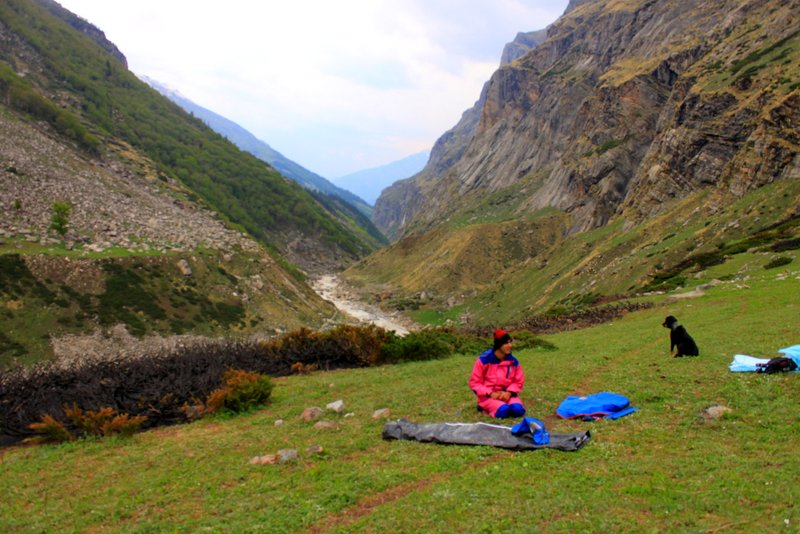 Our camping site. The burned bushes on the left — shepherds do this to reduce moisture in the wood so it burns better.